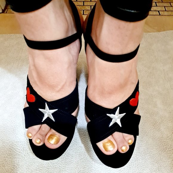 Black Denim Patched Open Toe Ankle Strap BlockHeel - Picture 3 of 8